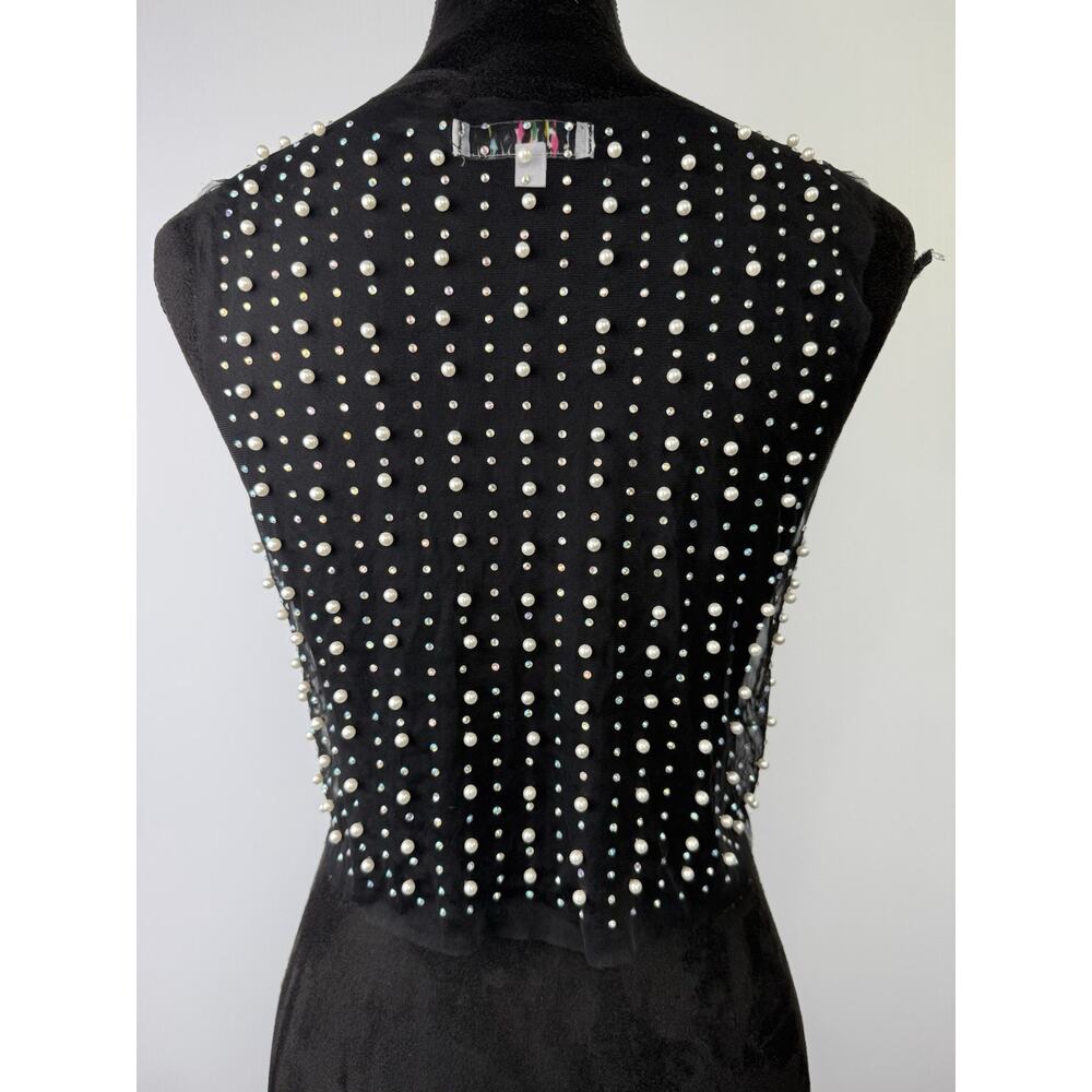 Love J Black Sheer Mesh Pearl Rhinestone Crop Tank Top Y2K Party Size L - Picture 8 of 16